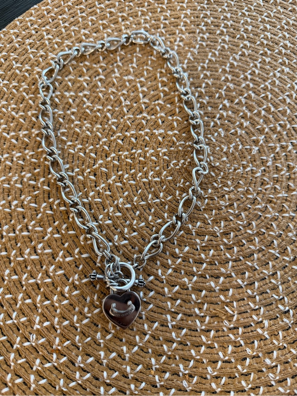 Vintage Y2K Juicy Couture Silver-Tone Heart Padlock Toggle Chain Necklace
